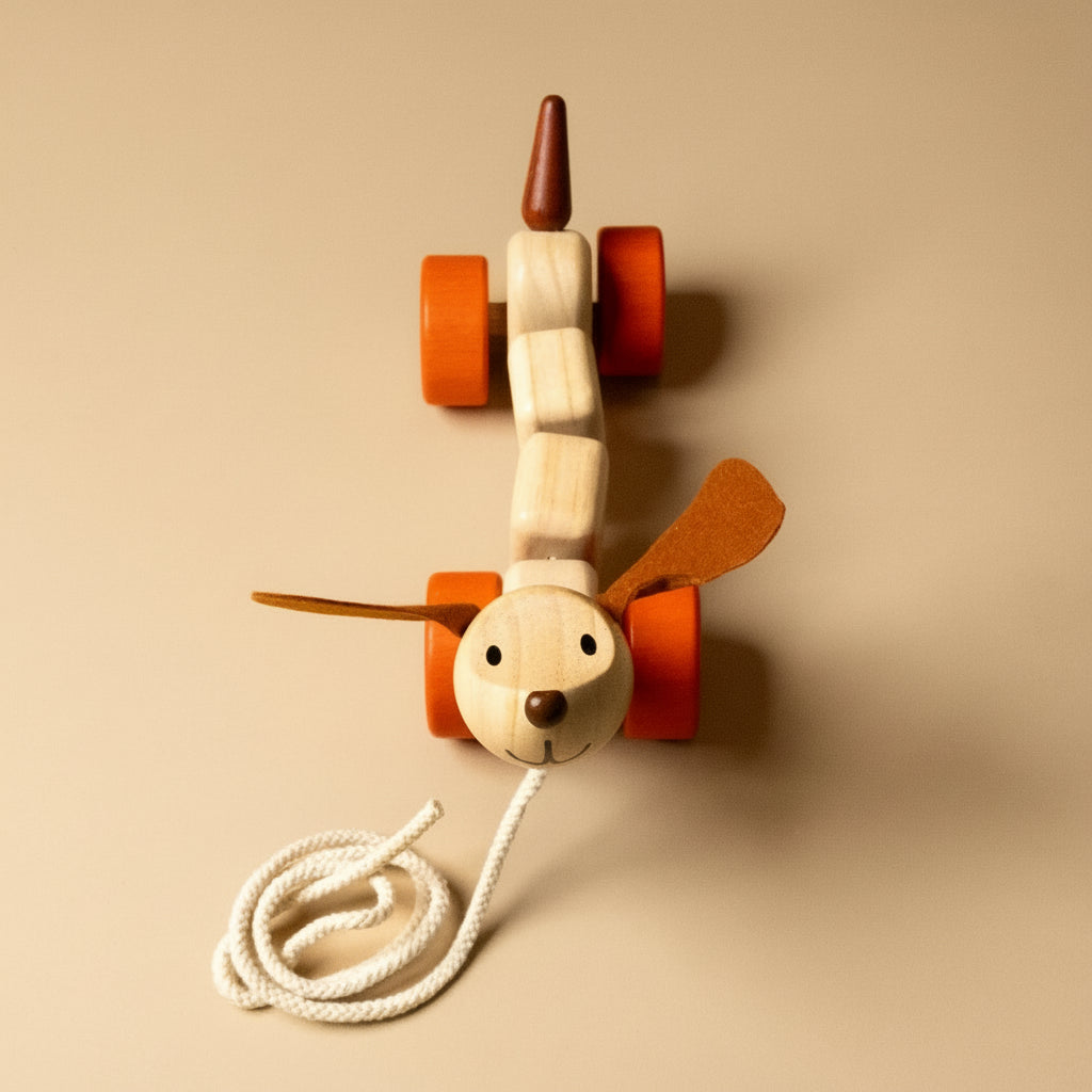 Wooden toy dog with wheels and a rope on a beige background