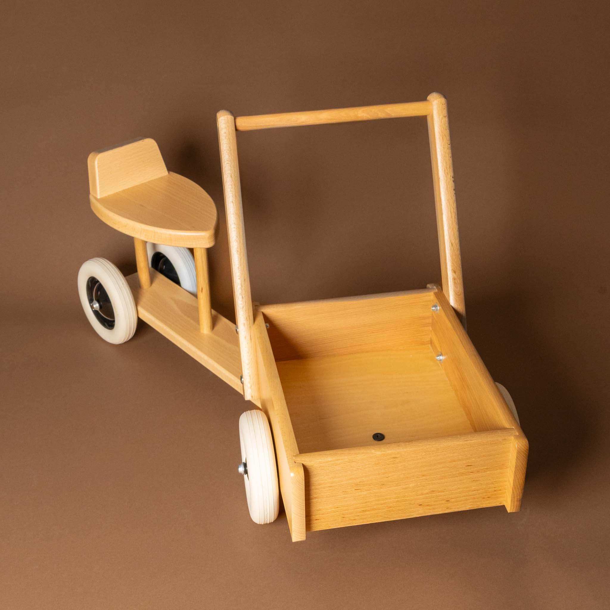 wooden-sit-and-ride-with-cargo-box Wooden toy truck with a brown background