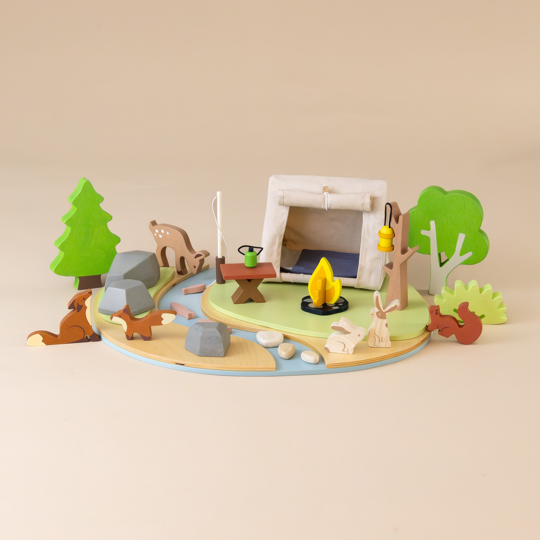 wooden-wildlife-camping-play-set-table-lamp-canteen-fishing-pole-fish-deer-foxes-bunnies-squirrel-sleeping-bag-tent-campfire-trees-rocks-stream