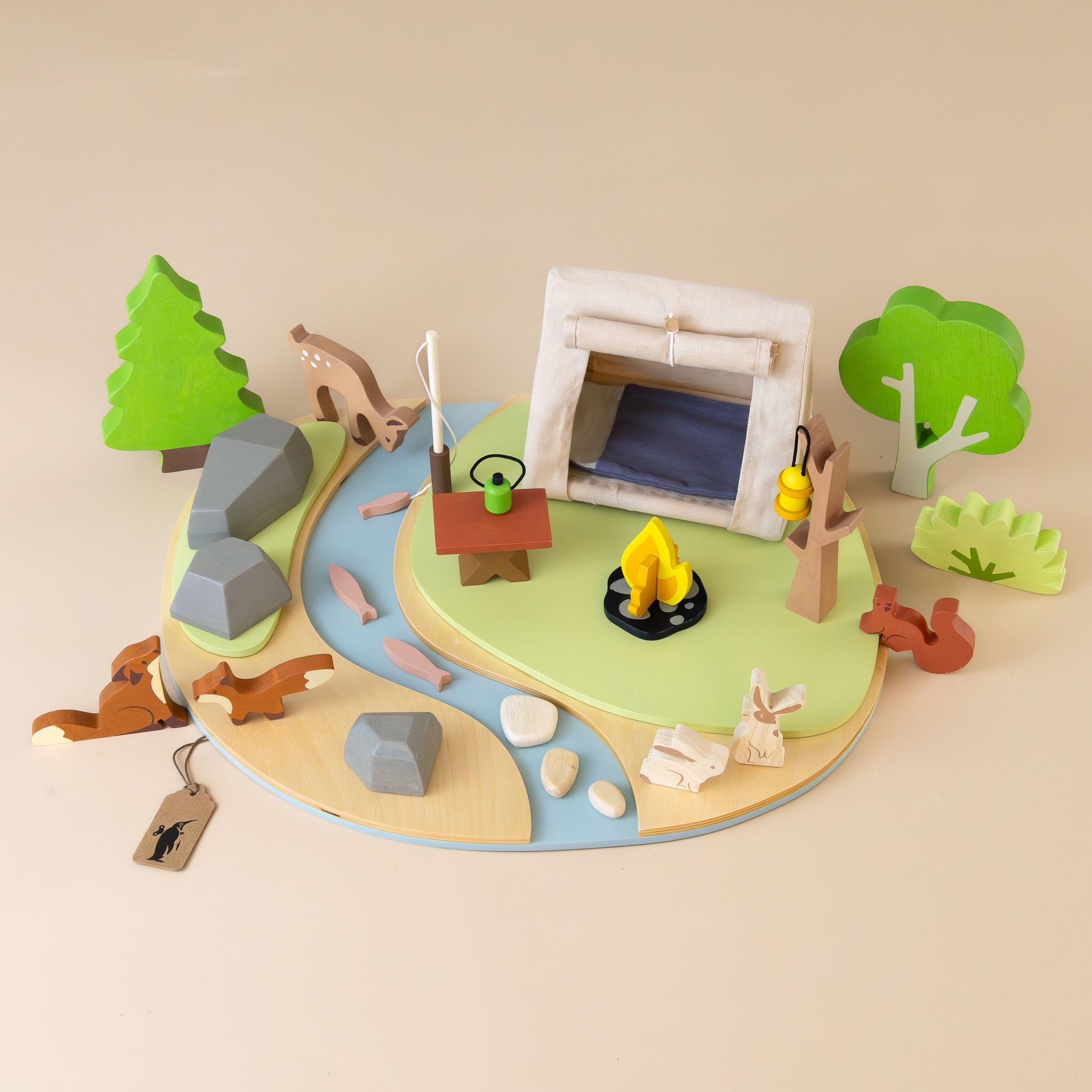 wooden-wildlife-camping-play-set-table-lamp-canteen-fishing-pole-fish-deer-foxes-bunnies-squirrel-sleeping-bag-tent-campfire-trees-rocks-stream
