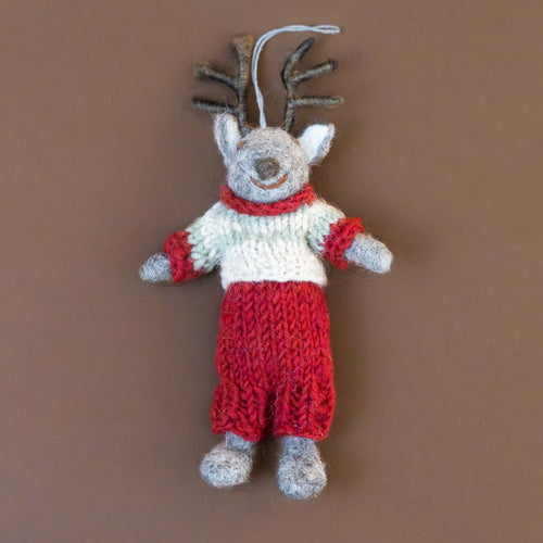 Felted Grey Deer Ornament | Winter Sweater & Pants