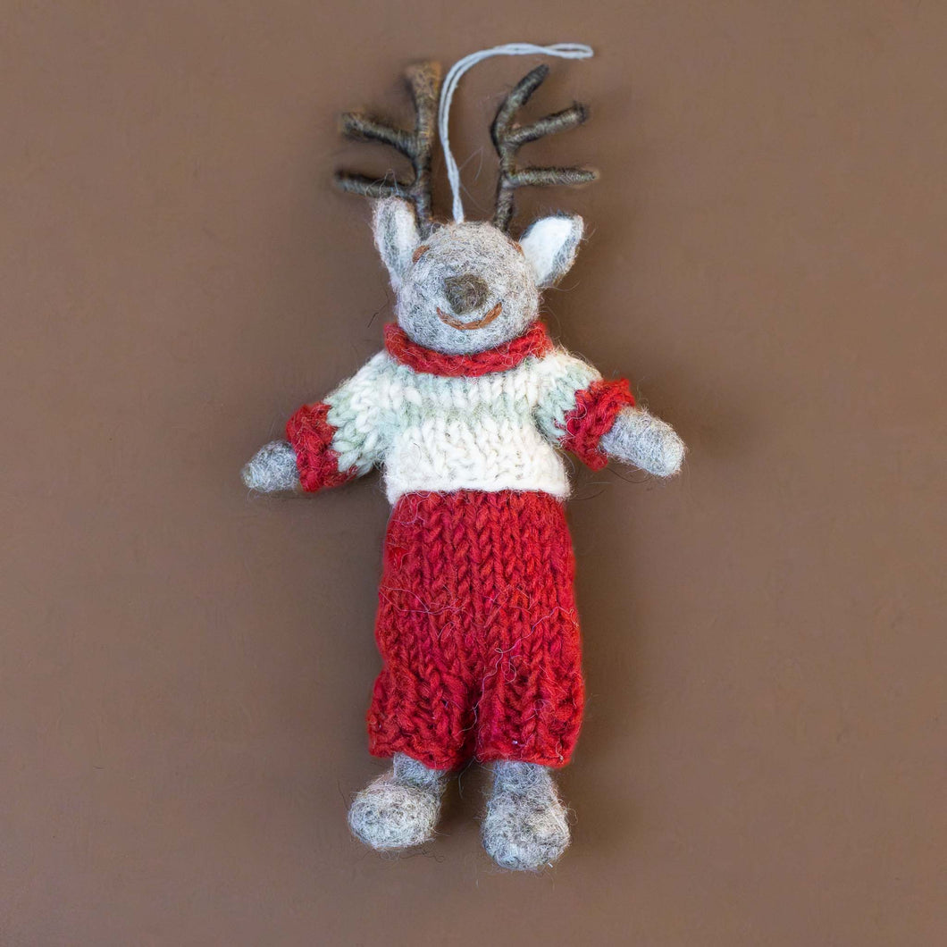 Felted Grey Deer Ornament | Winter Sweater & Pants