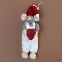 Load image into Gallery viewer, felted-grey-mouse-ornament-with-heather-overalls-with-heart