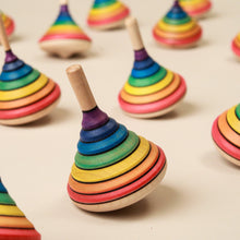 Load image into Gallery viewer, rainbow-striped-cone-shaped-wooden-spinning-tops
