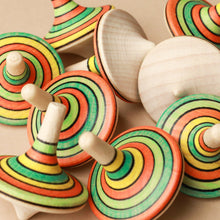 Load image into Gallery viewer, green-yellow-red-striped-wooden-spinning-tops