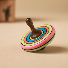 Load image into Gallery viewer, bright-rainbow-striped-spinning-top-with-dark-wood-handle