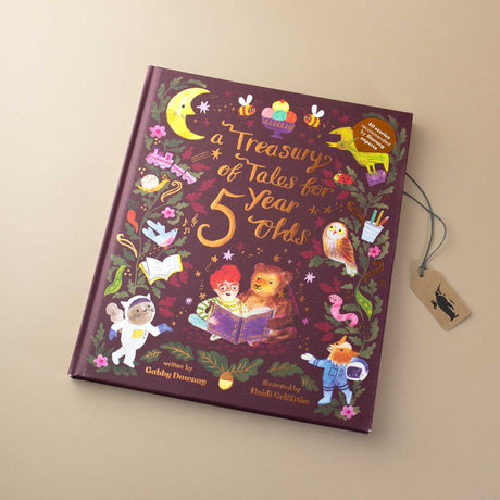 a-treasury-of-tales-for-five-year-olds-book-maroon-cover-with-moon-owl-ice-cream-bees-flowers-astronaut-bear-book-woven-through-branches