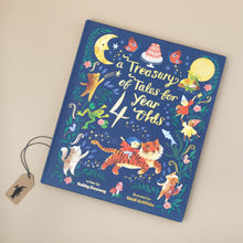 Load image into Gallery viewer, dark-blue-front-cover-treasury-of-tales-for-four-year-olds-blue-cover-with-moon-butterflies-cake-fairies-kitten-frog-woven-through-branches