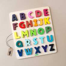 Load image into Gallery viewer, rainbow-colored-alphabet-shapes-puzzle-in-wooden-base