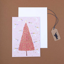 Load image into Gallery viewer, pink-celestial-christmas-tree-greeting-card-with-advent-calendar-windows-and-white-envelope