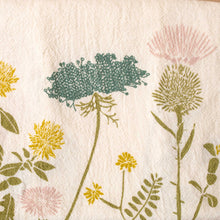 Load image into Gallery viewer, close-up-of-affirmations-towel-thistle-dandelion-queen-annes-lace-floral-design