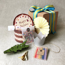 Load image into Gallery viewer, birthday-in-a-box-with-confetti-party-poppers-crocodile-favor-candles-and-silver-crown