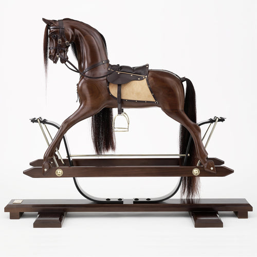 dark-brown-rocking-horse-on-wooden-stand