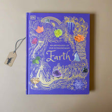 Load image into Gallery viewer, an-anthology-of-our-extraordinary-earth-book-purple-cover-with-gold-foil-volcano-crystal-and-cloud-imagery-with-leaves-coral-rocks-and-ferns