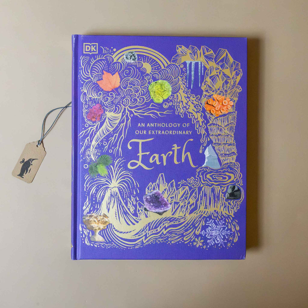 an-anthology-of-our-extraordinary-earth-book-purple-cover-with-gold-foil-volcano-crystal-and-cloud-imagery-with-leaves-coral-rocks-and-ferns