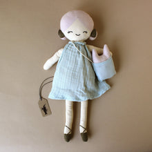 Load image into Gallery viewer, apple-doll-in-blue-dress-with-pink-hair-and-purse-with-small-creature