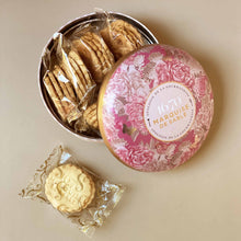 Load image into Gallery viewer, round-rose-floral-metal-tin-shown-open-with-shortbread-cookies