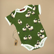 Load image into Gallery viewer, baby-onesie-with-short-sleeves-in-dark-green-with-valais-sheeps-pattern
