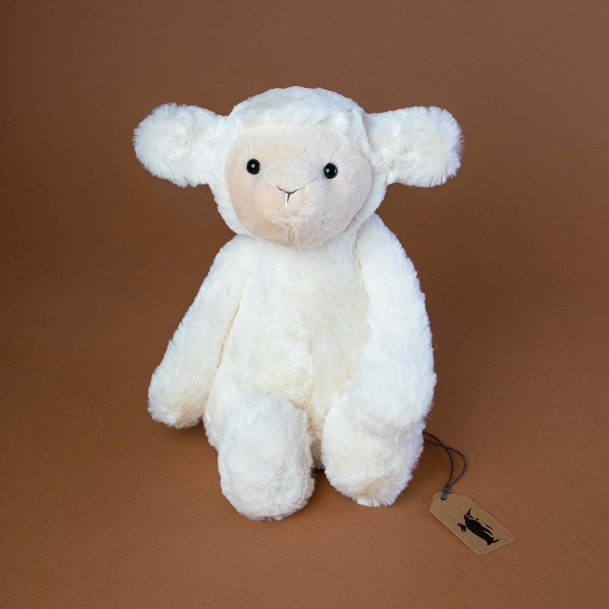 white-lamb-with-black-eyes-and-beige-face-sitting-on-a-brown-background