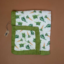 Load image into Gallery viewer, folded-blanket-with-carrott-and-lettuce-pattern-with-dark-green-edging