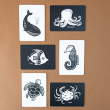 Load image into Gallery viewer, whale-octopus-fish-seahorse-turtle-and-crab-black-and-white-cards