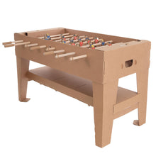 Load image into Gallery viewer, cardboard-foosball-table-side-view-of-assembled-table-with-a-bottom-shelf-handles-on-each-side-and-rods-with-little-character-players-over-the-field