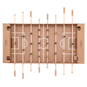 cardboard-foosball-table-overhead-image-of=game-board-with-cardboard-playing-field-with-little-characters-attached-to-each-rod