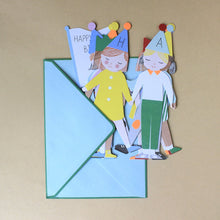 Load image into Gallery viewer, children-in-party-hats-concertina-greeting-card-with-blue-envelope