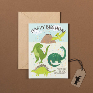 dinosaur-party-birthday-card-with-text-party-like-theres-no-tomorrow-and-natural-envelope
