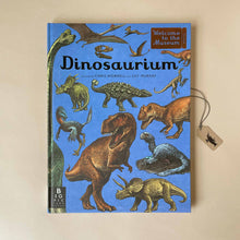 Load image into Gallery viewer, dinosaurium-book-cover-showcasing-various-dinosaurs-against-blue-background