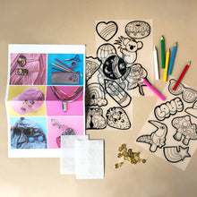Load image into Gallery viewer, diy-pin-and-flair-kit-contents-including-pin-backs-colored-pencils-shrink-plastic-and-idea-page