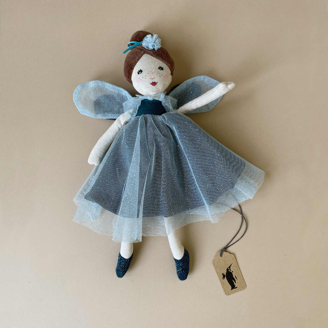 Petite-fairy-doll-blue-tuile-dress-brown-hair-in-bun