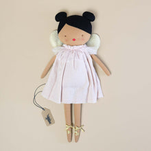 Load image into Gallery viewer, brown-doll-with-black-hair-buns-pink-dress-and-gold-wings