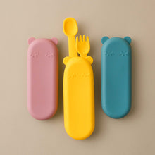 Load image into Gallery viewer, 3-colors-of-feedie-fork-spoon-set-dusty-rose-yellow-blue-dusk