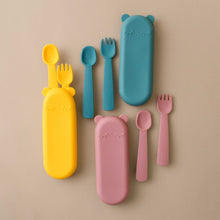 Load image into Gallery viewer, 3-colors-feedie-fork-and-spoon-set-yellow-blue-dusk-and-dusty-rose