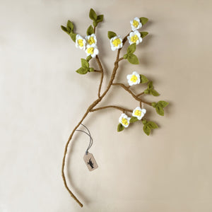 felted-floral-branch-brown-stem-green-leaves-white-yellow-flowers