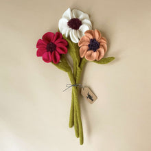 Load image into Gallery viewer, felted-anemone-flower-trio-of-beet-white-and-peach-flowers-with-green-stems