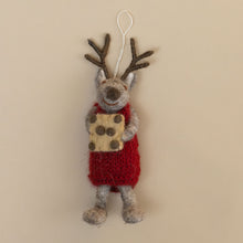 Load image into Gallery viewer, felted-grey-deer-ornament-red-knit-dress-with-baking-tray