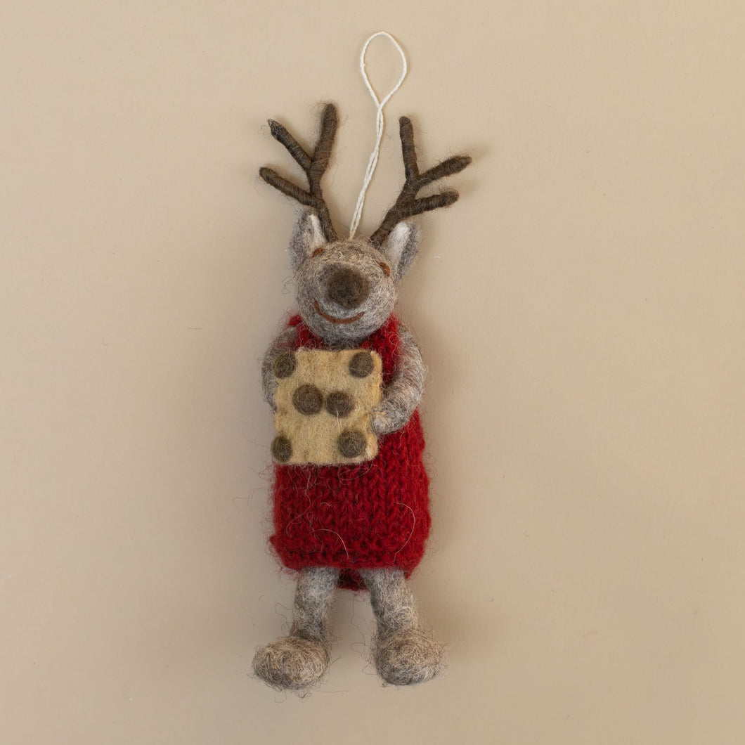 felted-grey-deer-ornament-red-knit-dress-with-baking-tray