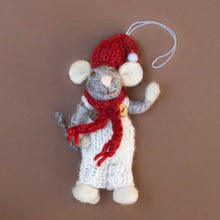 Load image into Gallery viewer, felted-grey-mouse-ornament--heather-overalls-with-red-hat-and-scarf
