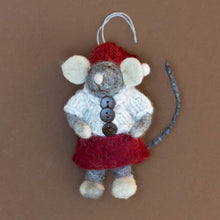 Load image into Gallery viewer, felted-grey-mouse-ornament--red-dress-with-jacket-and-hat