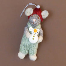 Load image into Gallery viewer, felted-grey-mouse-ornament-green-overalls-with-red-hat-and-snowman