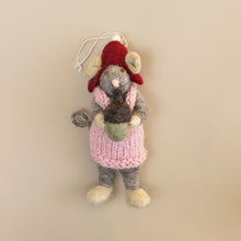 Load image into Gallery viewer, felted-grey-mouse-ornament-pink-dress-with-red-hat-and-acorn