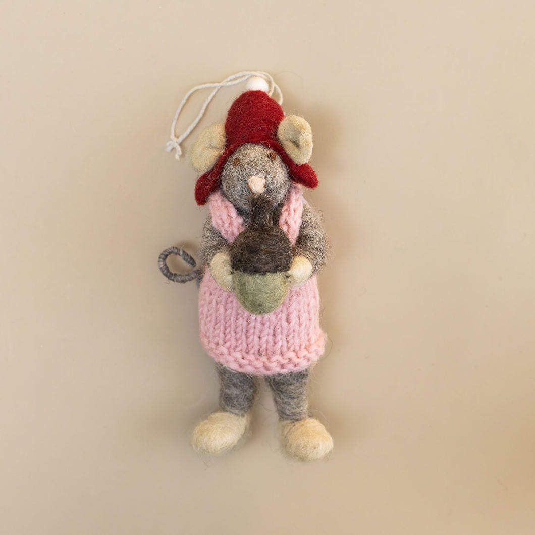 felted-grey-mouse-ornament-pink-dress-with-red-hat-and-acorn