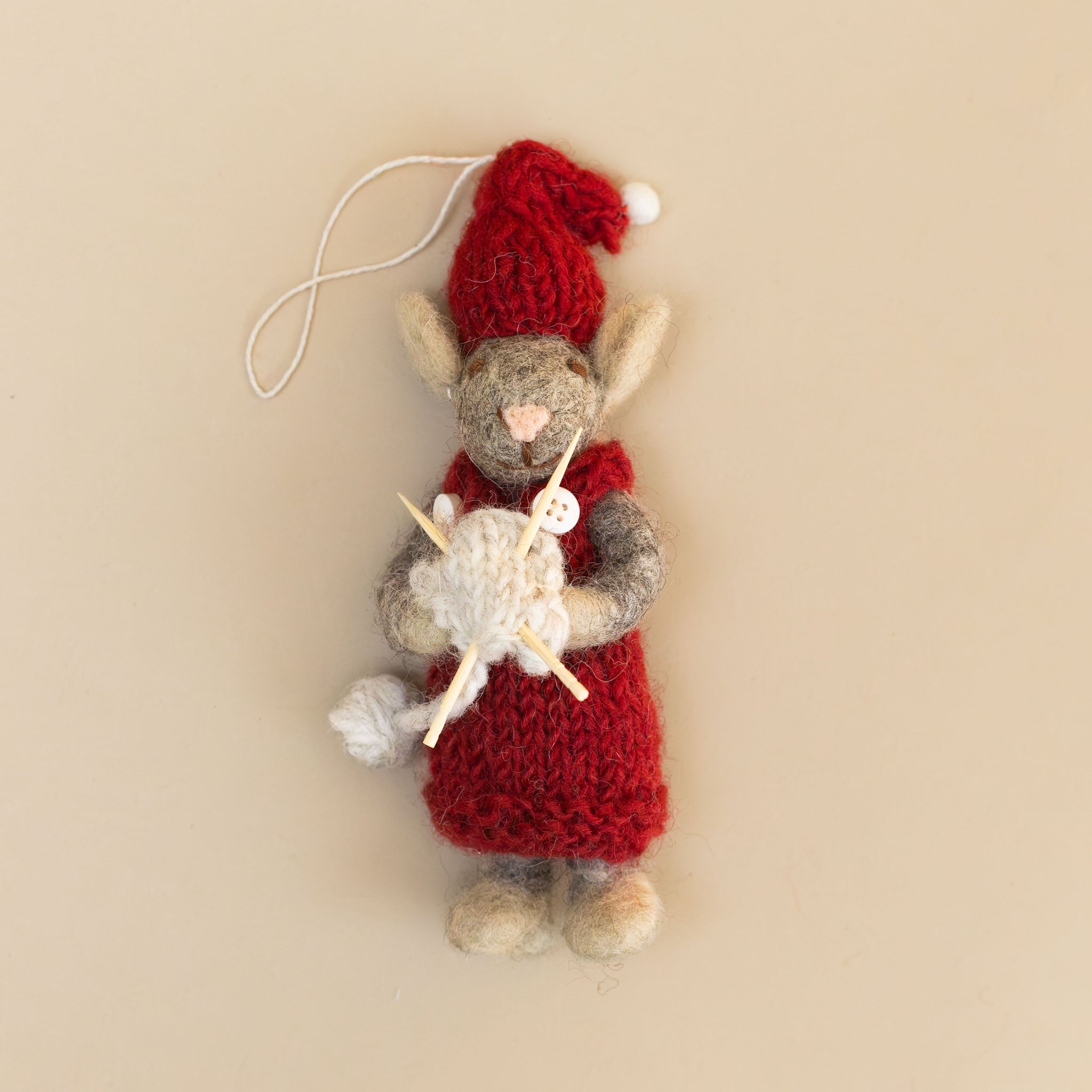 felted-grey-mouse-ornament-red-dress-with-knitting-project