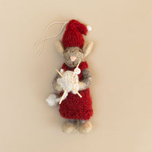 Load image into Gallery viewer, felted-grey-mouse-ornament-red-dress-with-knitting-project