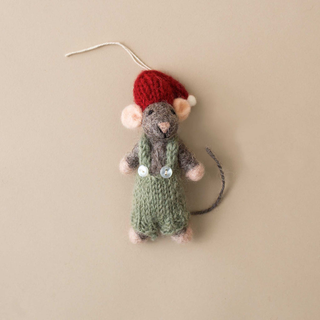 grey-felt-mouse-ornamnet-with-red-knit-hat-and-green-knit-overalls