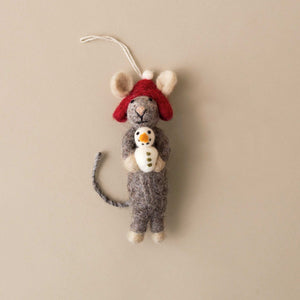 Felted Grey Mouse Ornament with Snowman - Christmas - pucciManuli