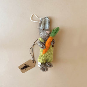 Felted Grey Rabbit Ornament | Green Overalls & Carrot - Easter - pucciManuli