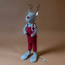 Load image into Gallery viewer, felted-grey-rudolf-deer-with-red-knit-overalls-jumbo-and-striped-scarf